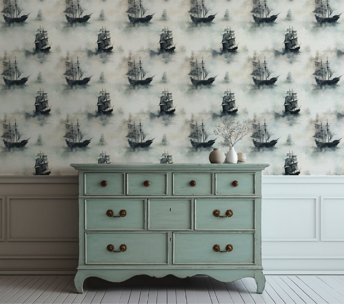 Moody sailing ship wallpaper with vintage tall ships drifting through soft blue-grey watercolor fog on a light neutral background in bedroom.