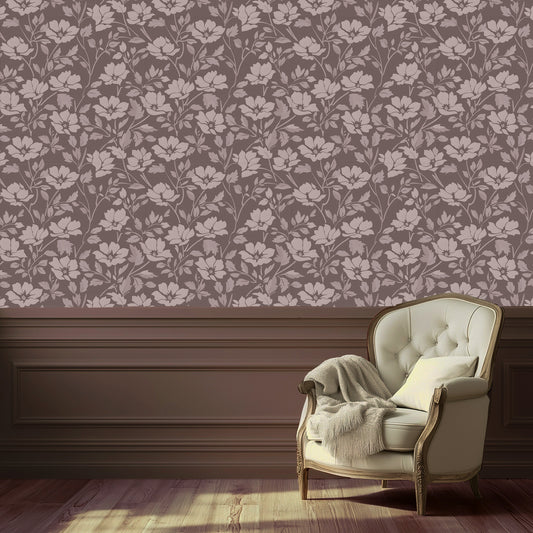 vintage floral wallpaper with soft blush flowers and leafy vines on a dusty mauve background in a cozy living room