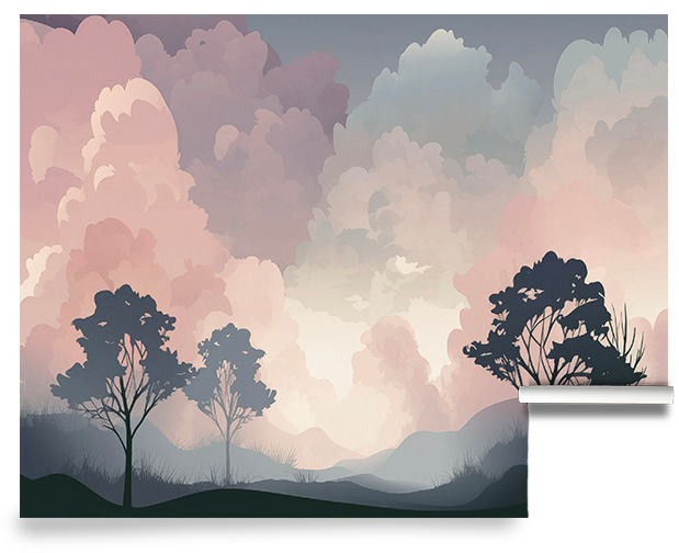 a dreamy, romantic forest wallpaper mural with soft pink and blush tones under a cloudy sky