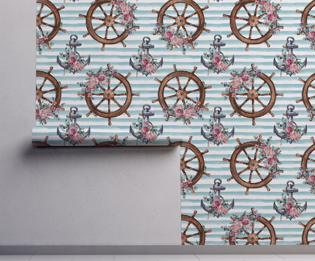 Patterned paper with ship wheels, anchors, and flowers on a striped background