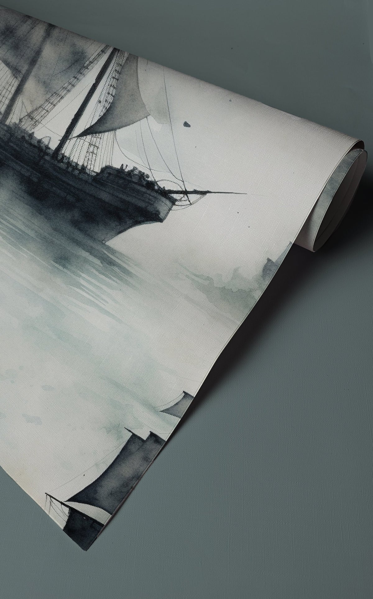 Moody sailing ship wallpaper with vintage tall ships drifting through soft blue-grey watercolor fog on a light neutral background up close.