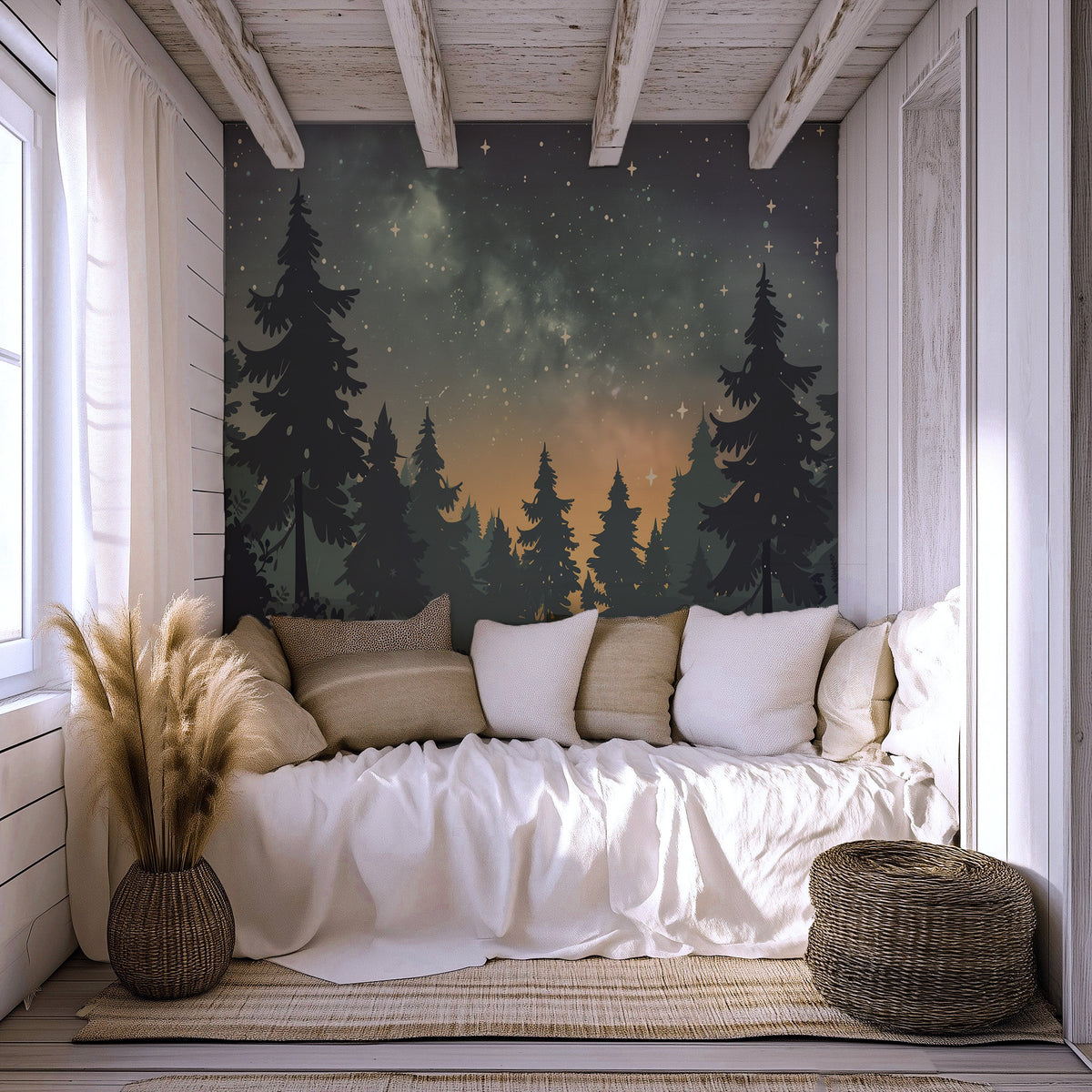 dark moody forest scene wallpaper mural with silhouetted trees and misty mountain atmosphere in reading nook
