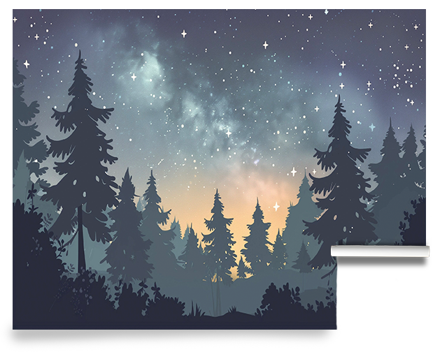 dark moody forest scene wallpaper mural with silhouetted trees and misty mountain atmosphere