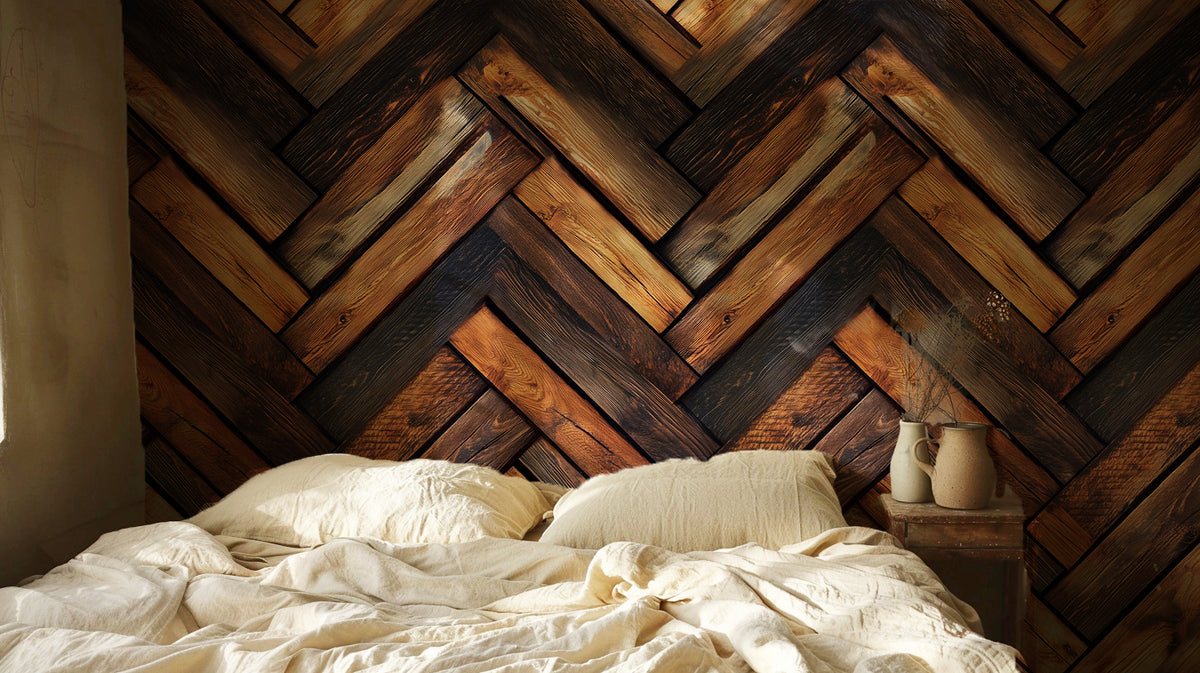 Rustic herringbone wood wallpaper featuring alternating dark walnut and warm natural wood planks with realistic grain patterns, weathered texture, and reclaimed farmhouse character in bedroom