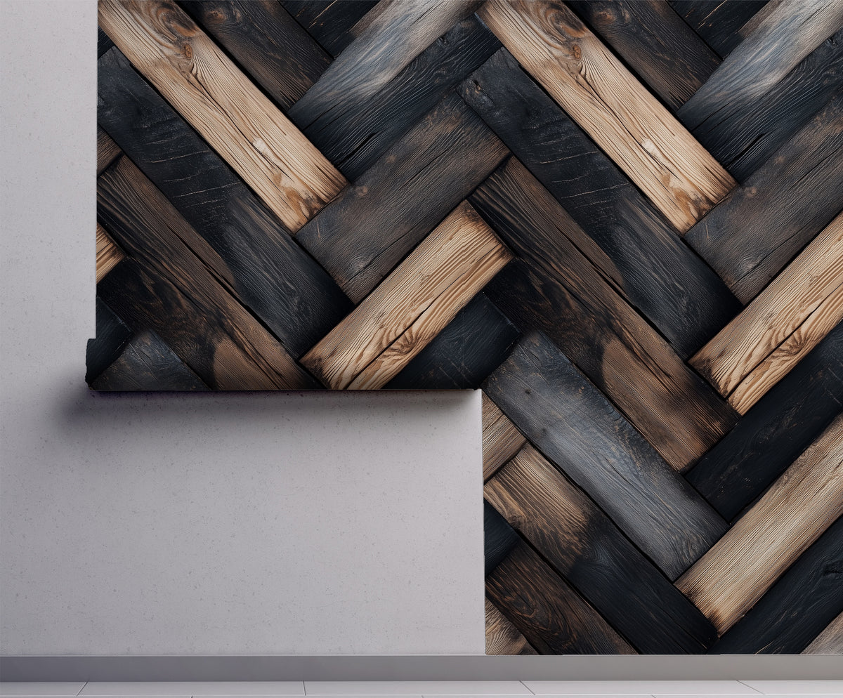 Rustic herringbone wood wallpaper featuring alternating dark stained and natural wood planks with realistic grain, texture, and reclaimed farmhouse character on a wall.