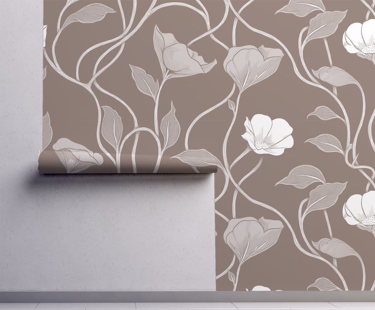 Taupe Floral Vines Wallpaper - Neutral Botanical Wallpaper