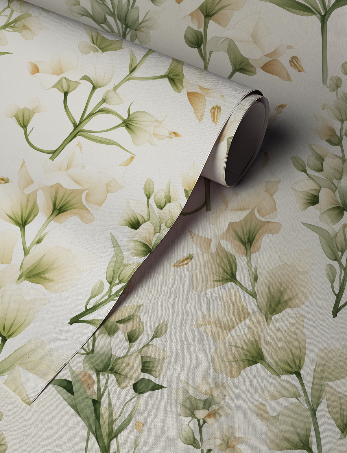 Snapdragon neutral floral wallpaper panel showing soft ivory blooms and pale green botanical stems up close