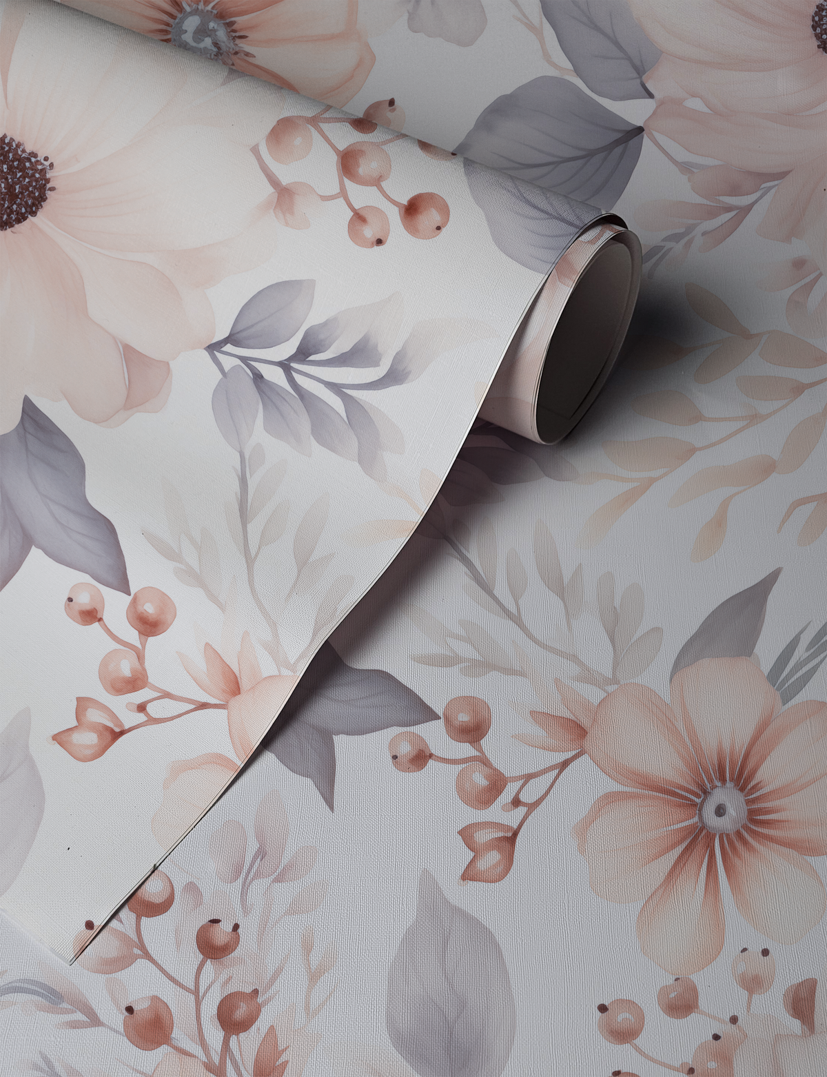 Soft watercolor wallpaper with delicate floral blooms and botanical motifs in blush pink and muted grey tones on a warm white background up close