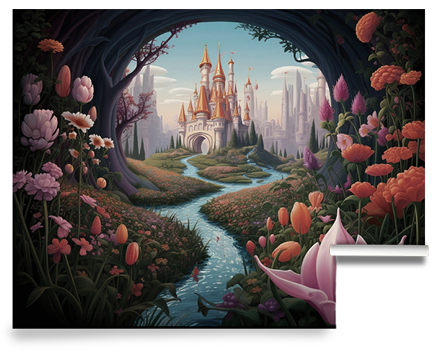 Fantasy castle wall mural featuring a whimsical fairytale kingdom, winding river, blooming flowers, enchanted forest archway, and storybook landscape in vibrant pink and blue tones.
