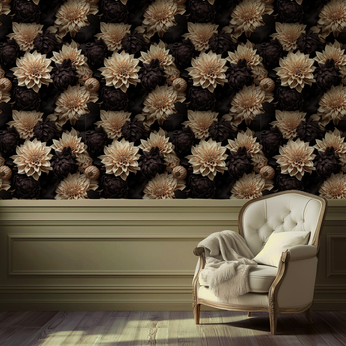 Dark floral wallpaper with large realistic cream dahlias and deep black flowers on a dramatic black background.