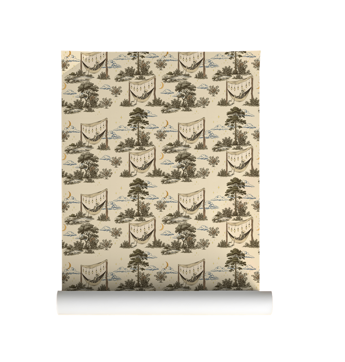 Whimsigoth CottageCore Toile | Camping Skeleton Wallpaper