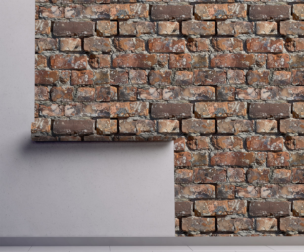 Weathered rustic brick wallpaper featuring aged red and brown bricks with distressed textures, cracked surfaces, and natural lichen details for an authentic reclaimed brick wall look on wall