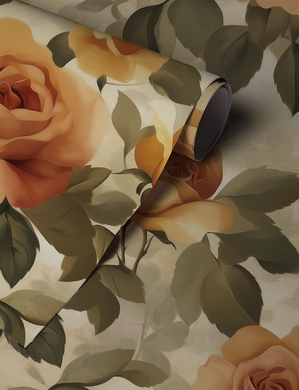 Rose Forest Limewash wallpaper with soft watercolor roses and forest botanicals on a chalky limewash background up close