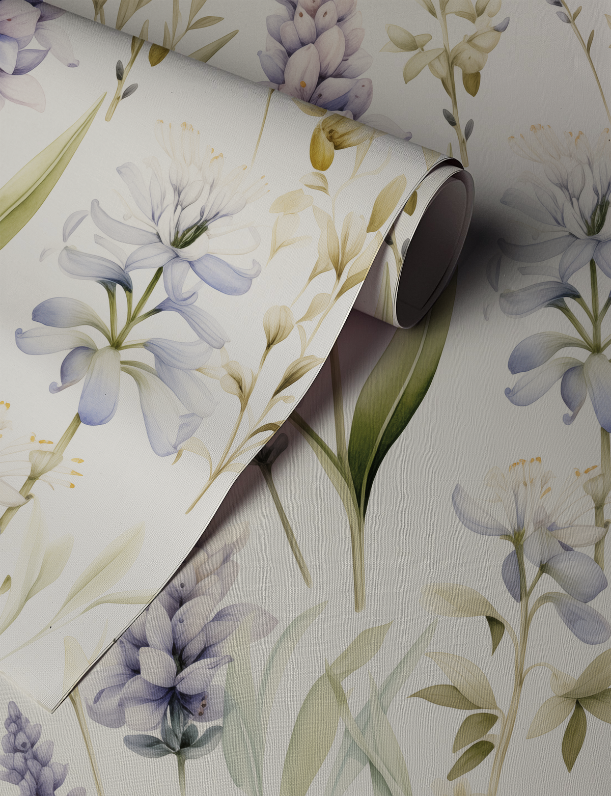 Lavender and blue botanical wallpaper featuring watercolor hyacinths and spring flowers on a soft cream background up close