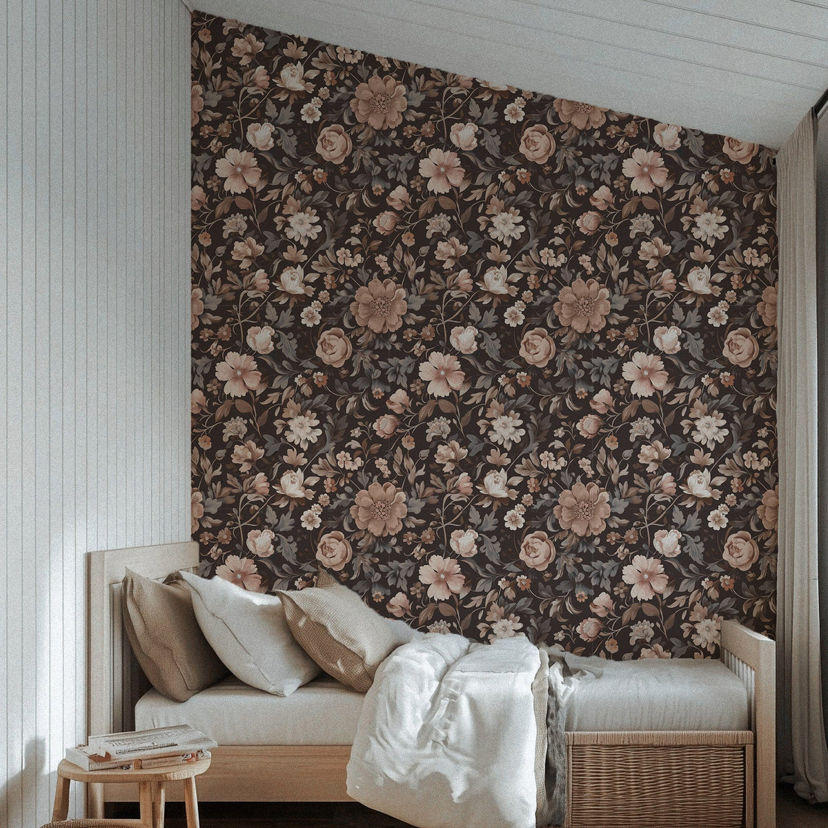 Romantic floral peel and stick wallpaper with blush, cream, and taupe florals on a dark brown background for Cottagecore interiors