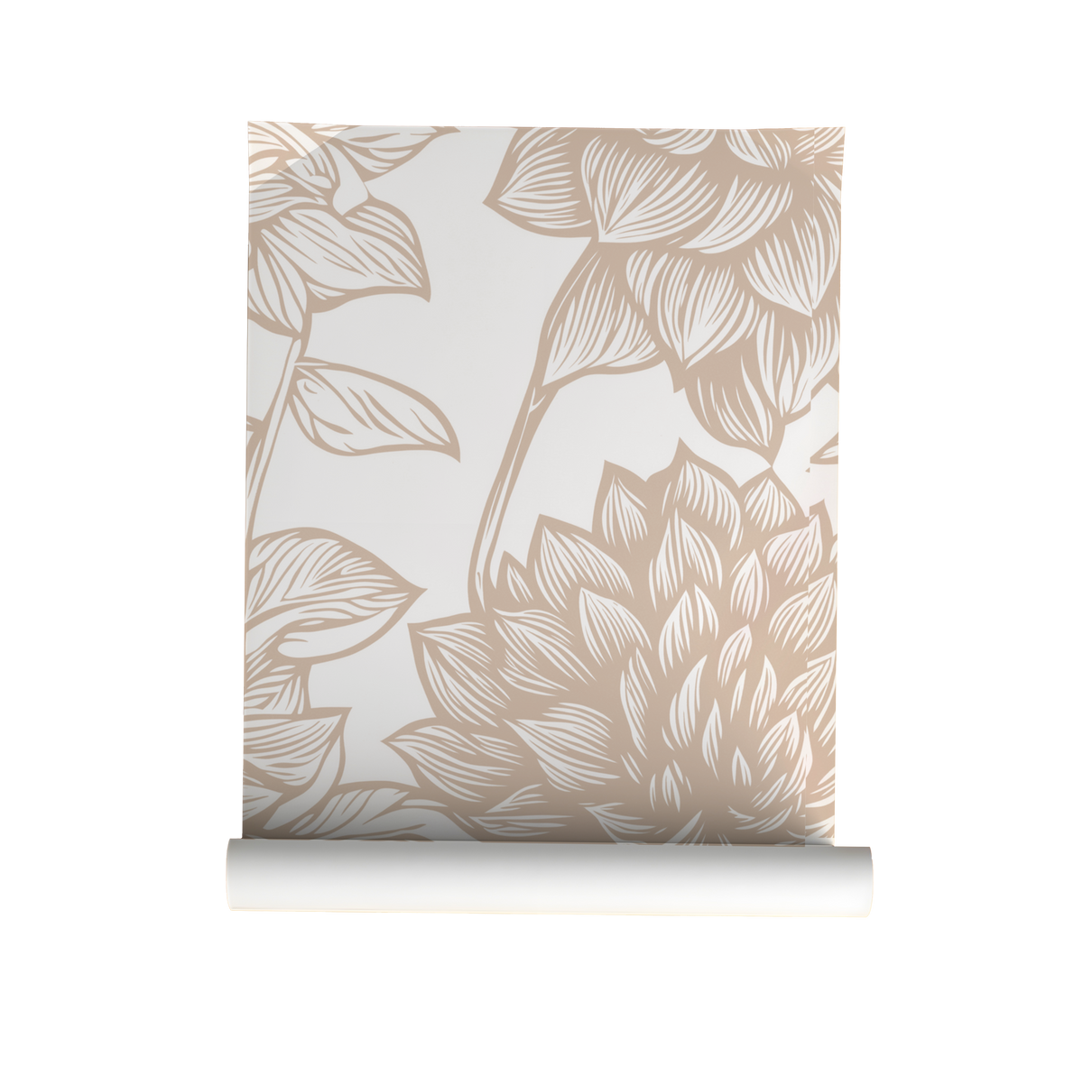 Beige and cream botanical wallpaper with oversized hand-drawn leaves and floral foliage in a soft neutral colour palette on roll.