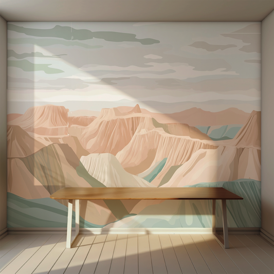 Wall Mural of illustrated landscape with layered terracotta rock formations, sage green valleys, and a pale hazy sky in a soft painterly style, in entryway