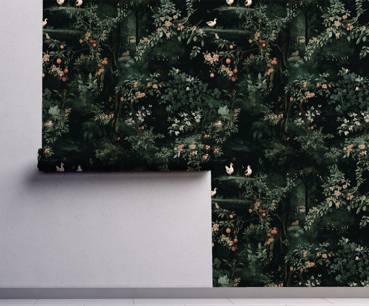 Renaissance Chickens Wallpaper – Dark Botanical Farmhouse Wallpaper