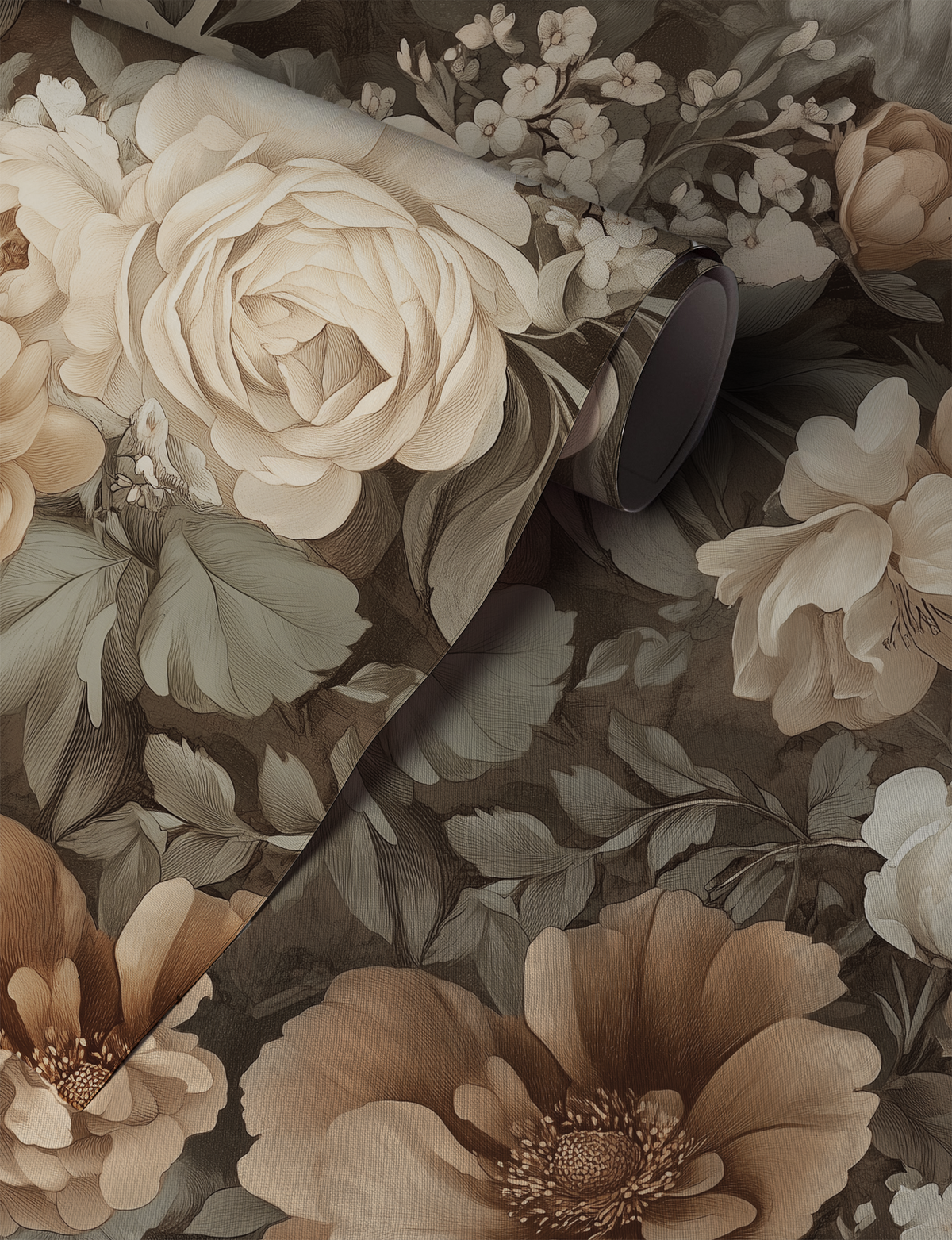Vintage floral wallpaper featuring cream, ivory, and taupe roses with layered botanical blooms on a muted olive background, creating a warm cottagecore and traditional garden aesthetic.