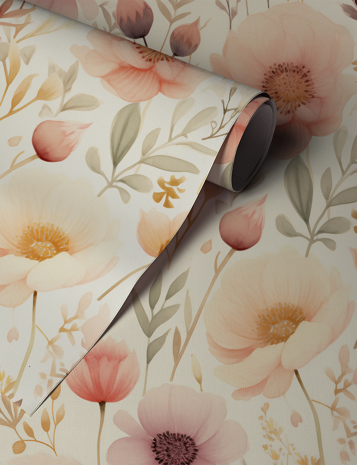 Blush pink watercolor floral wallpaper with soft botanical stems on a warm cream background up close