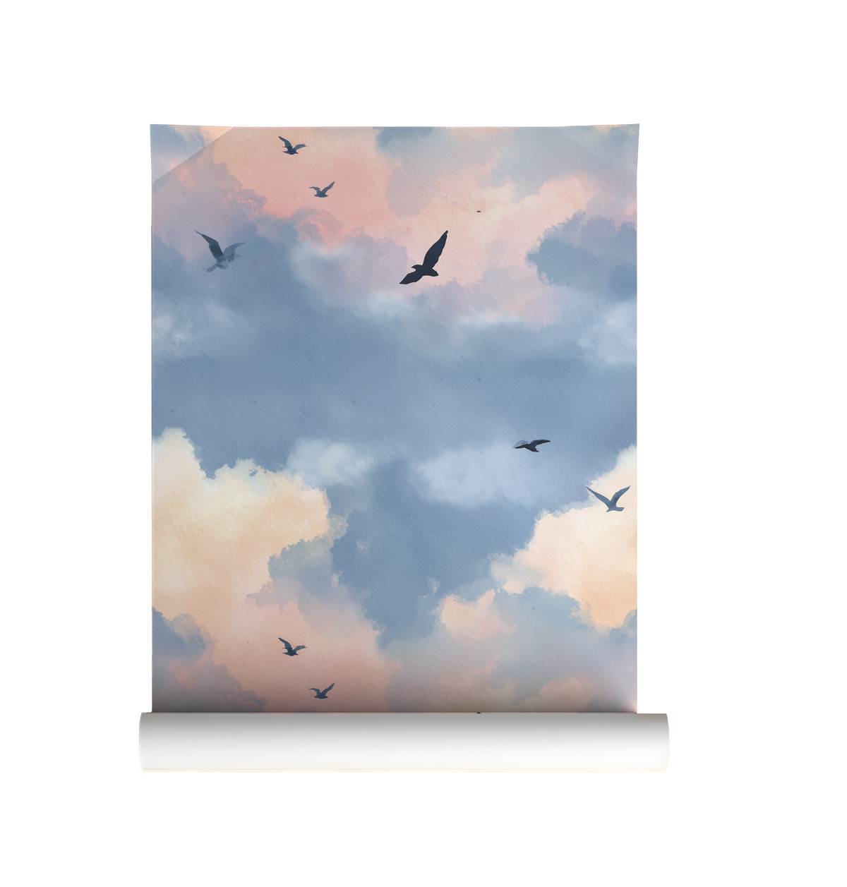 Dreamy evening sky wallpaper with soft blue and peach clouds and flying birds On roll.