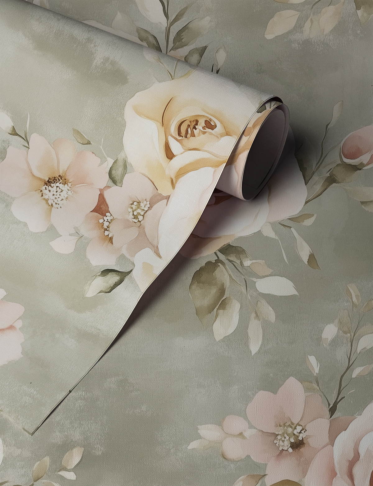 Sage and rose limewash watercolor floral wallpaper up close