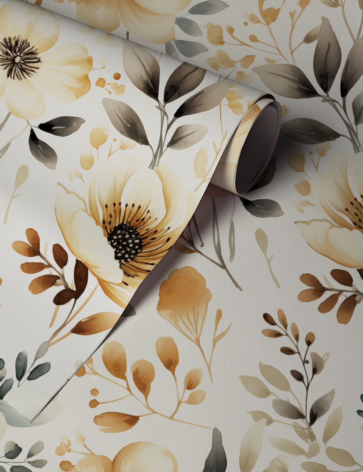 Soft beige and sage floral wallpaper with watercolor wildflowers and botanical foliage on a warm cream background up close