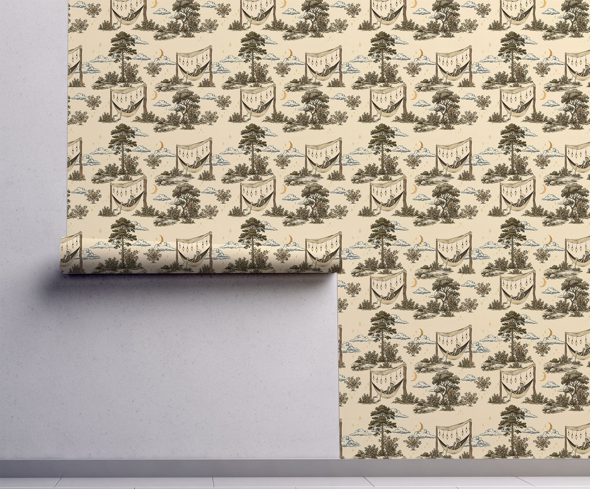Whimsigoth CottageCore Toile | Camping Skeleton Wallpaper