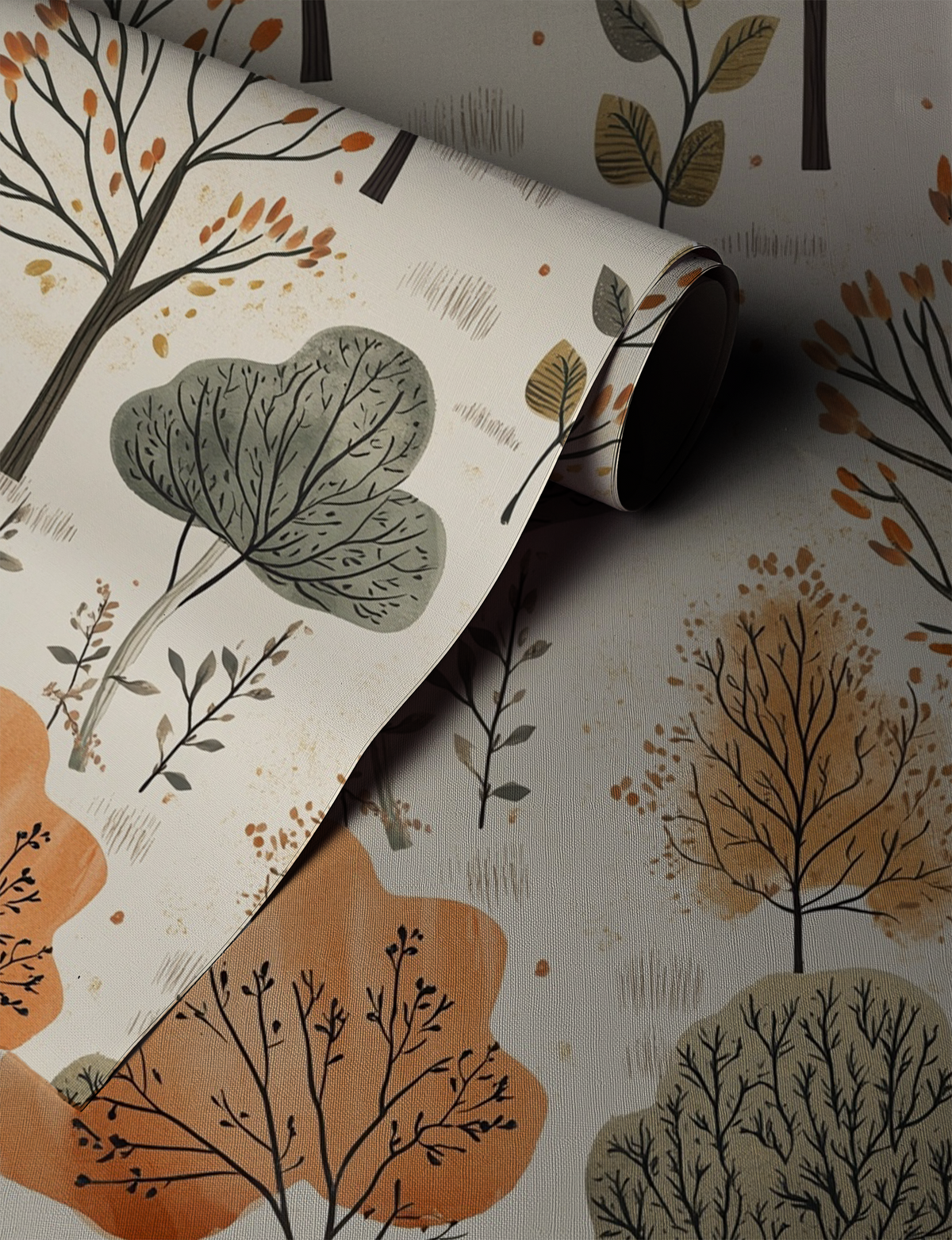 Whimsical children's wallpaper with illustrated woodland animals, trees, and forest creatures in soft sage green, warm beige, and muted earthy tones up close