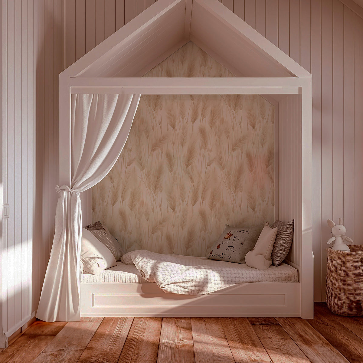 Neutral botanical wallpaper featuring soft pampas grass plumes and dried meadow grasses in warm ivory, cream, and sandy beige tones on a light background in kids room