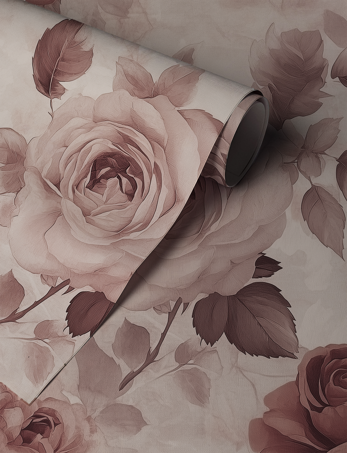 Floral Limewash wallpaper in dusty mauve and antique pink rose up close