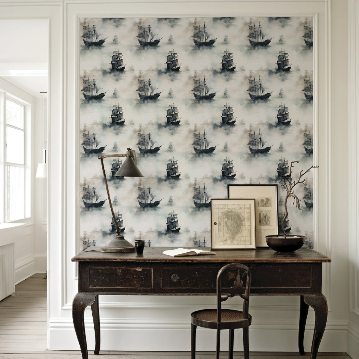 Moody sailing ship wallpaper with vintage tall ships drifting through soft blue-grey watercolor fog on a light neutral background in office