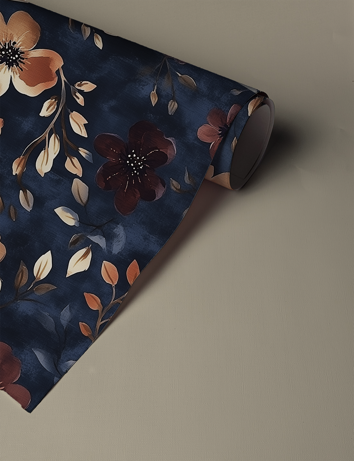 Moody botanical wallpaper featuring delicate primrose blooms and trailing vines in soft gold, cream, and warm amber tones on a deep rich background up close