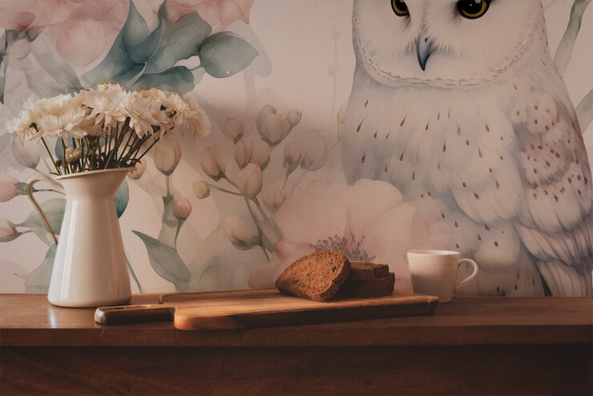 Snowy Owl and Blush Floral - Pink Floral Watercolor Wallpaper