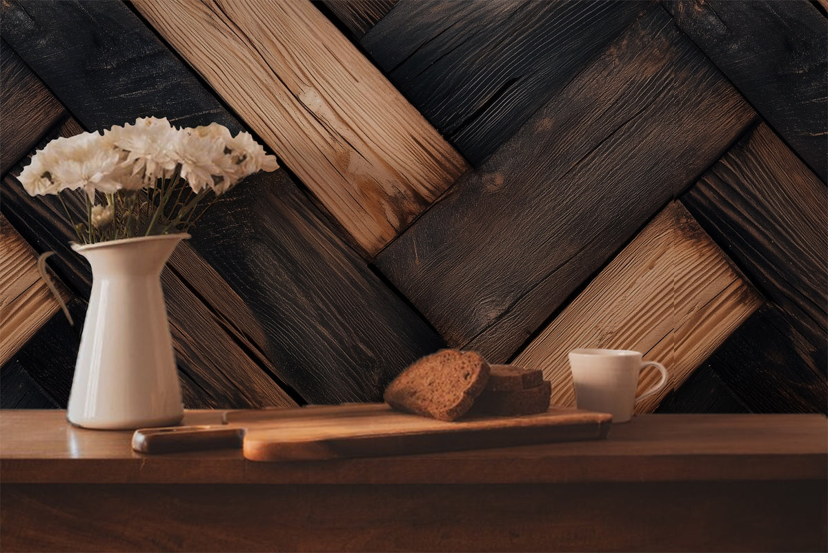 Rustic herringbone wood wallpaper featuring alternating dark stained and natural wood planks with realistic grain, texture, and reclaimed farmhouse character in a kitchen