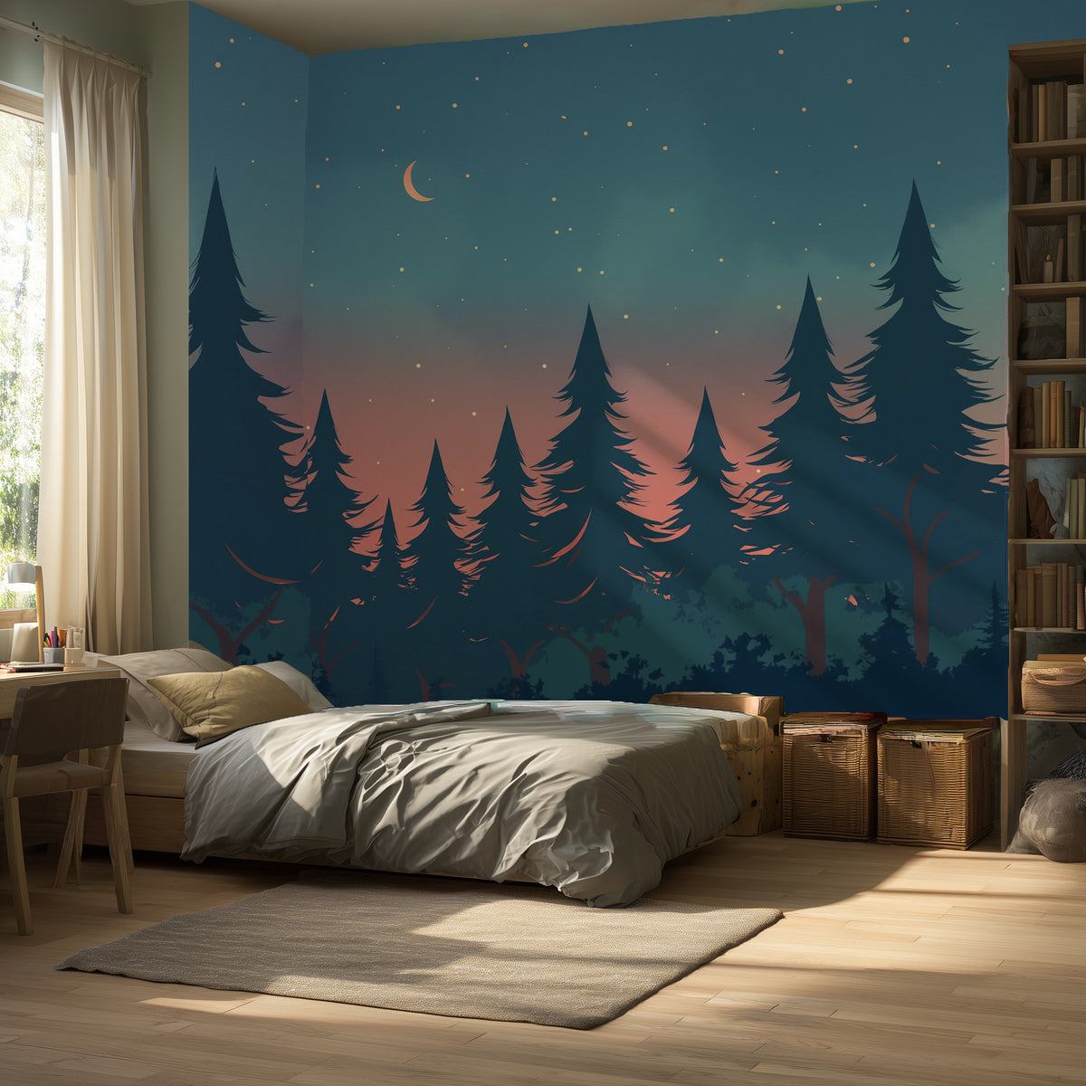 a dreamy northern forest wallpaper mural with pink and teal sunset sky tones through the trees in bedroom