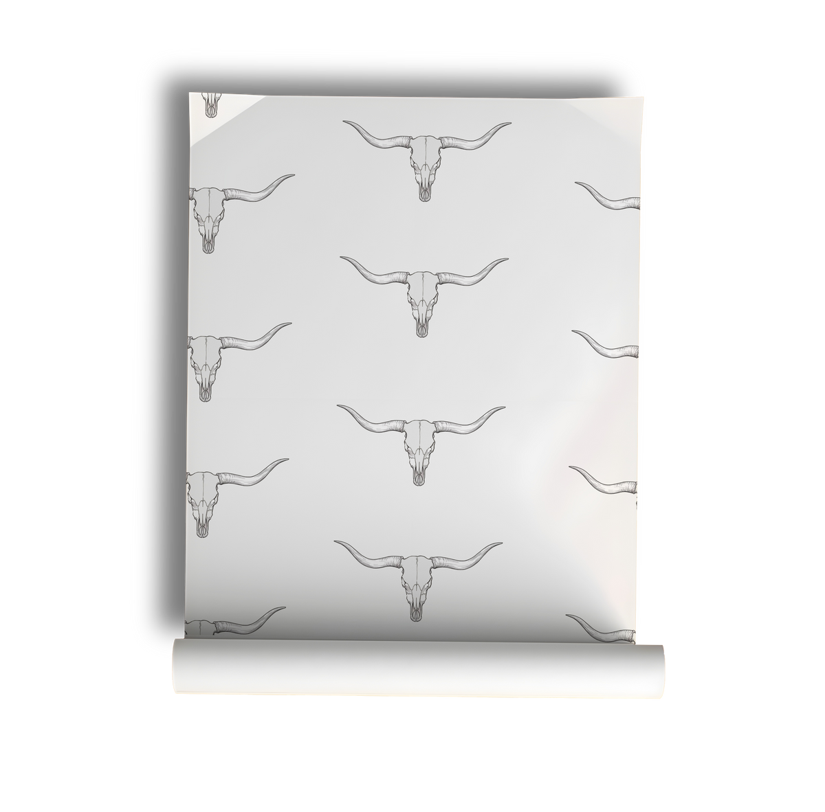Roll of wallpaper with repeated pattern of longhorn cow skulls on a light gray background
