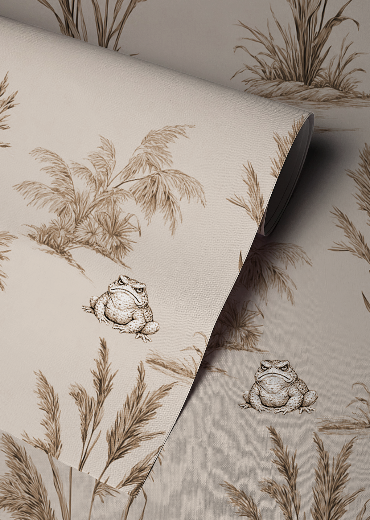 Vintage toad wallpaper with botanical reeds and grasses, sepia nature illustration, moody cottagecore wall design with whimsical frog up close