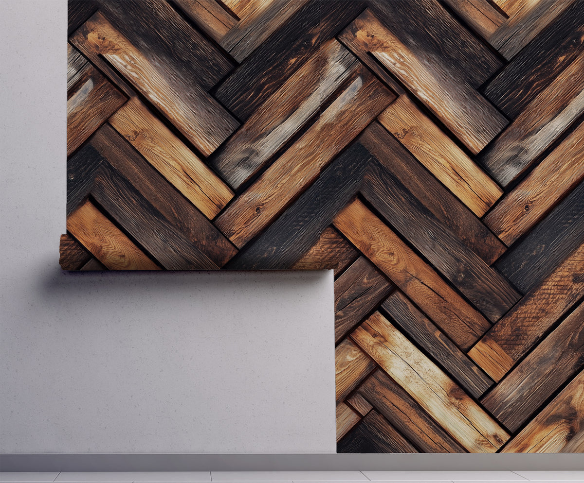 Rustic herringbone wood wallpaper featuring alternating dark walnut and warm natural wood planks with realistic grain patterns, weathered texture, and reclaimed farmhouse character on wall