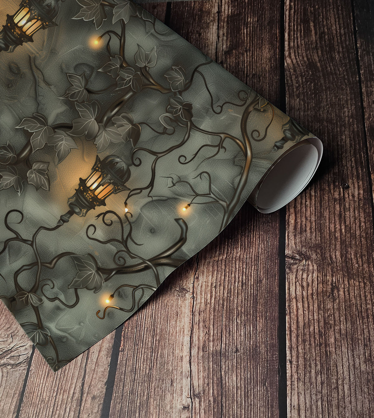 Dark botanical wallpaper with twisting ivy vines, glowing vintage lanterns and warm golden lights on a moody charcoal green background up close