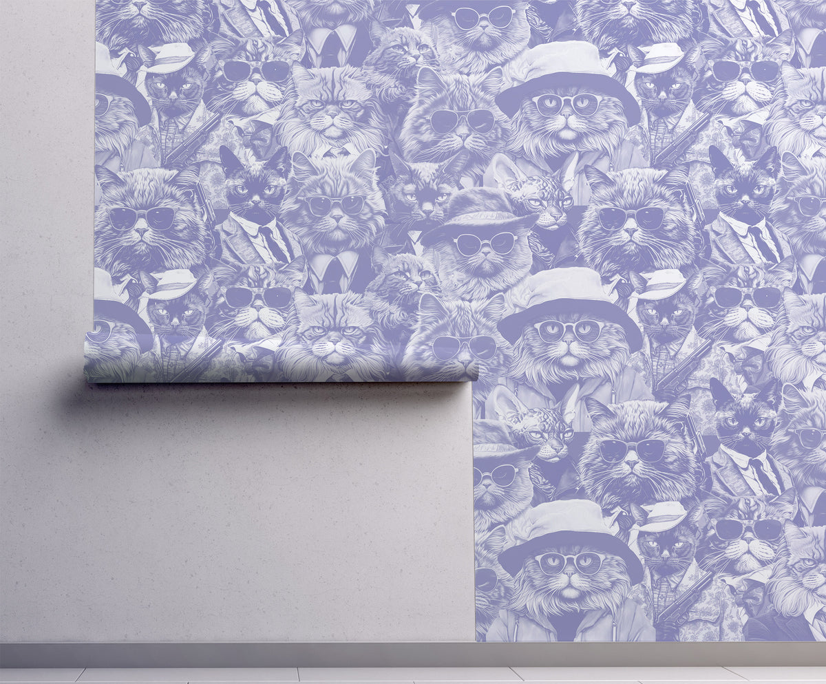 Moody wallpaper featuring a dense collage of stylish cats in sunglasses, hats, and tailored outfits, illustrated in soft lavender tones with a playful vintage portrait feel on wall
