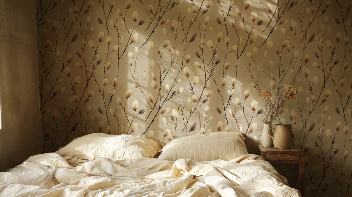 Furry Catkins Wallpaper – Neutral Botanical Peel and Stick Wallpaper