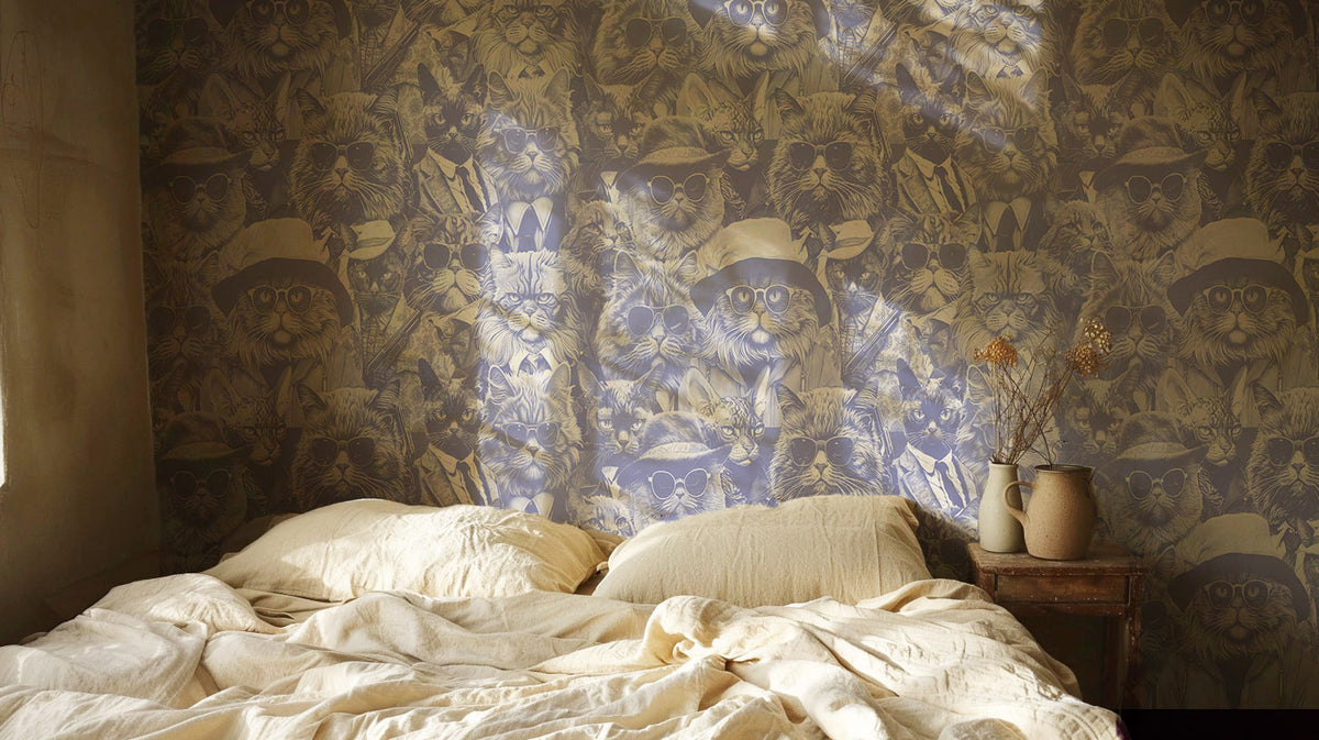Moody wallpaper featuring a dense collage of stylish cats in sunglasses, hats, and tailored outfits, illustrated in soft lavender tones with a playful vintage portrait feel.