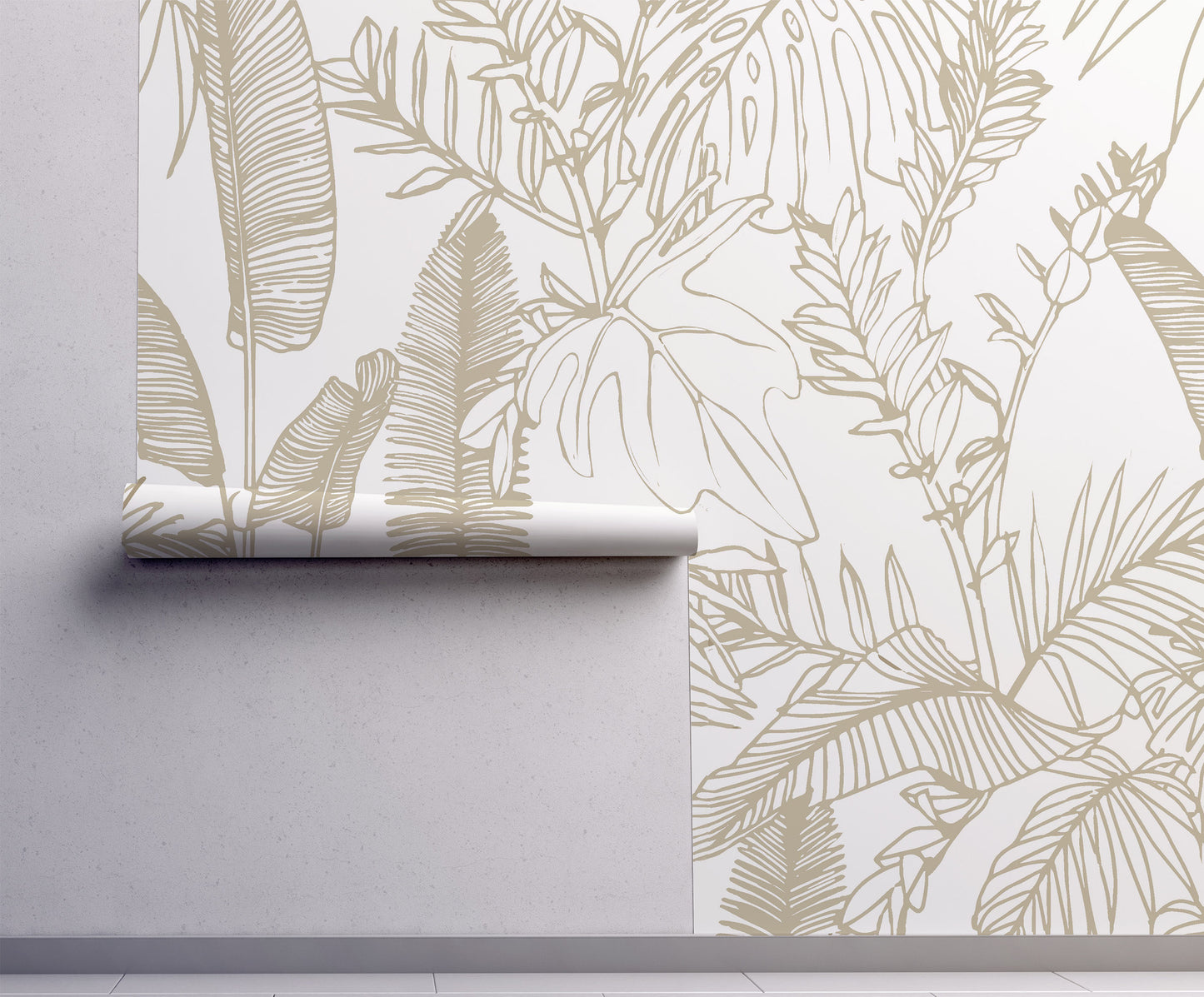 Tropical Island - Lined White And Gold Botanical Wallpaper