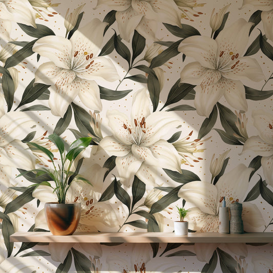 Stargazer Lily - Neutral Floral Wallpaper