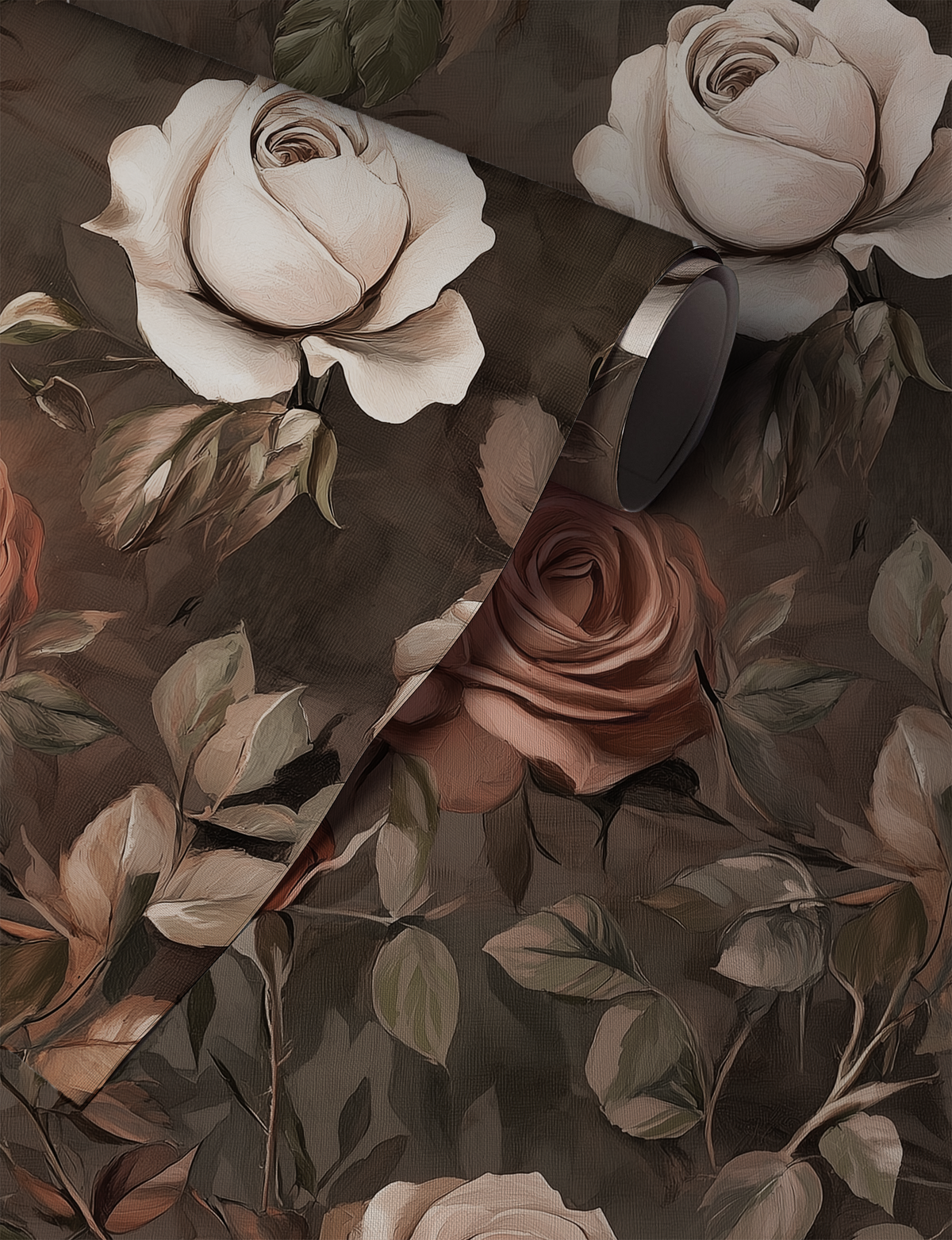 Roses at Dusk - Dark Rose and Limewash Wallpaper