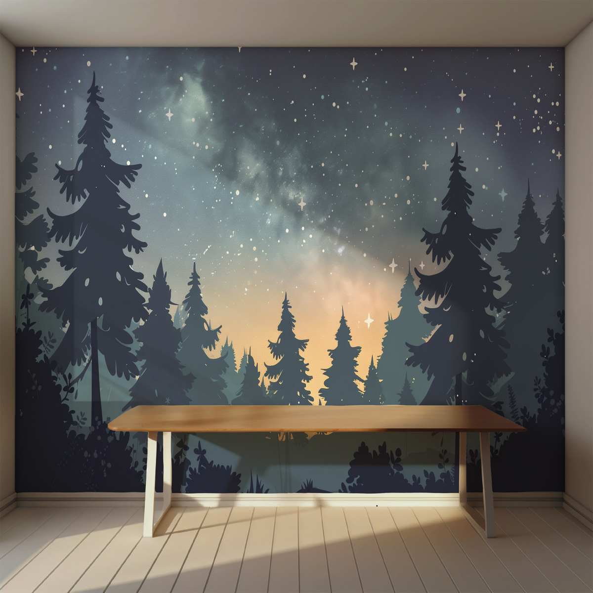 dark moody forest scene wallpaper mural with silhouetted trees and misty mountain atmosphere in entryway