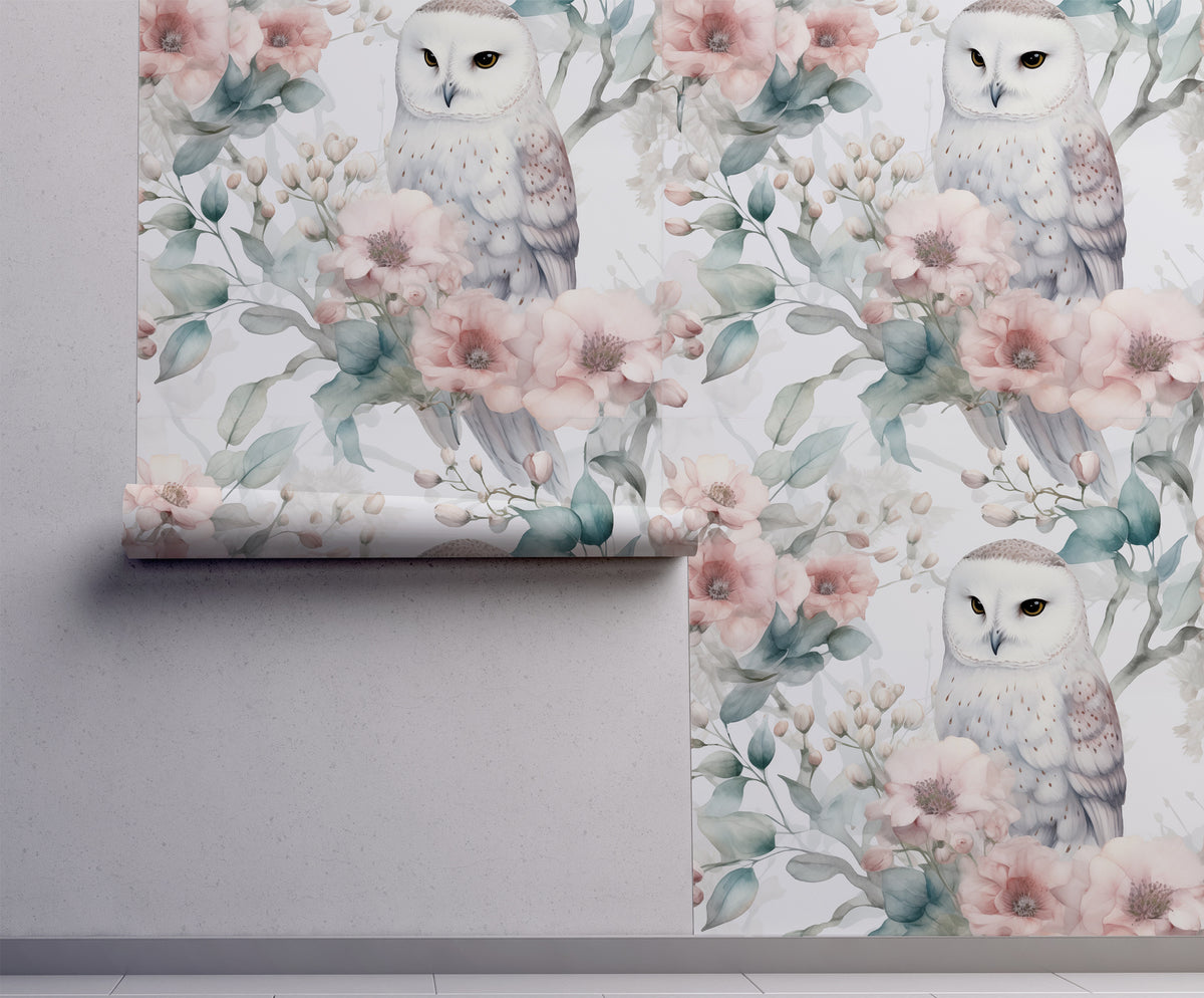 Snowy Owl and Blush Floral - Pink Floral Watercolor Wallpaper