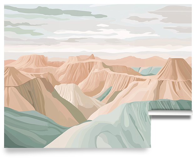 Wall Mural of illustrated landscape with layered terracotta rock formations, sage green valleys, and a pale hazy sky in a soft painterly style.