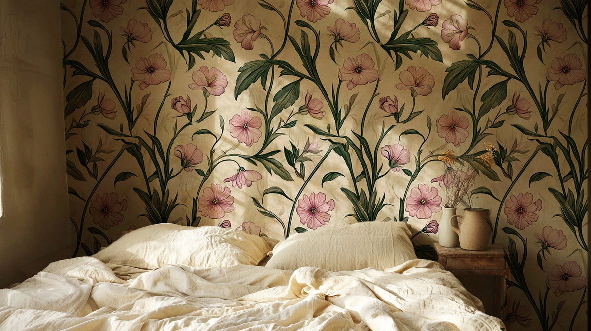 Soft blush floral wallpaper with delicate pink wildflowers and trailing botanical stems on a warm neutral background, cottagecore wallpaper design for bedrooms, nurseries, and romantic interiors, in bedroom